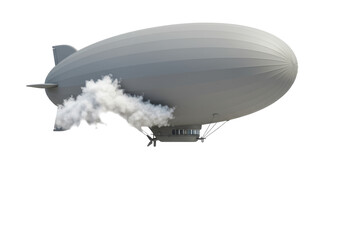 Fototapeta premium Isolated Dirigible airship with cloud of smoke floating near the ground, on no background