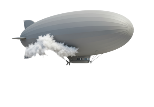 Isolated Dirigible airship with cloud of smoke floating near the ground, on no background