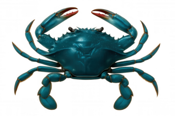 Large blue crab with golden claws showing its pincers in a transparent background, perfect for seafood and marine life projects