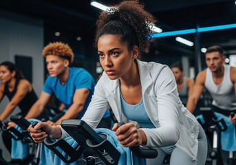 A group of people exercising on stationary bikes in a gym with focus on the woman in the front