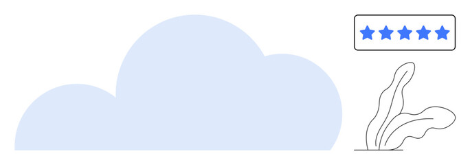 Light blue cloud with five-star rating badge and abstract plant element. Ideal for quality, reliability, service review, trust, cloud technology, brand reputation, simple flat metaphor