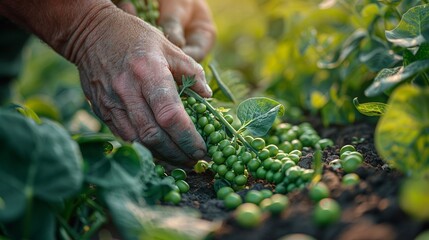 Farmer harvesting fresh peas from a garden patch
