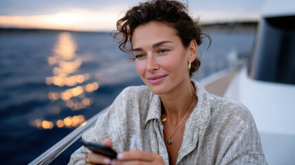 A beautiful woman with curly hair gazes thoughtfully at her phone, soaking in the sunset's warm glow while relaxing on a plush yacht deck by the tranquil sea.