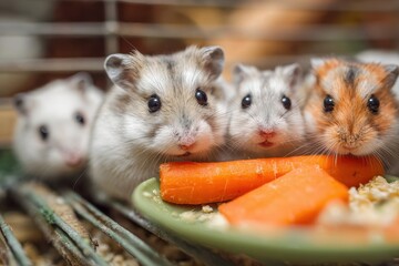 A group of hamsters in a cage feasting on a carrot