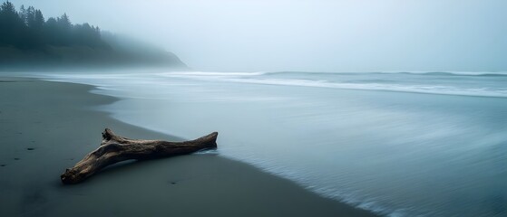 Ethereal morning mist drifting over smooth sandy beach at sunrise with soft golden light