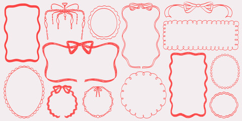 Cute wavy lace and pearl wedding frames. Vector hand drawn oval vintage border set. Coquettish retro elegant classic line decorations with bow and ribbon. Whimsical zigzag invitation frame set.