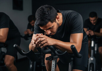 Man resting on stationary bike handlebars after intense workout in a fitness class setting indoors