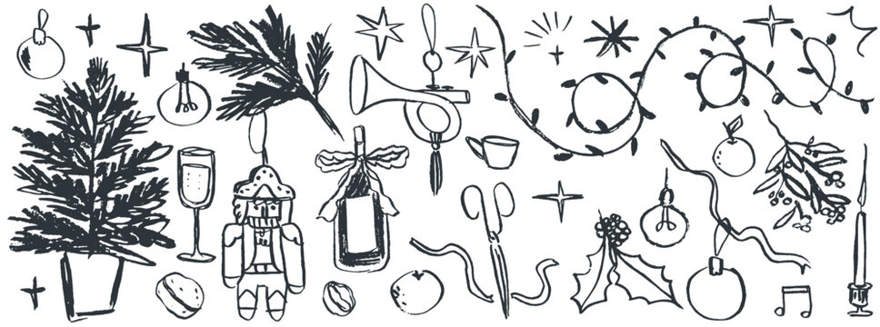 Retro vintage new year drawings. Doodle sketches in grunge minimalist charcoal style for Christmas party or new year celebration decor like posters and invitation cards. Hand drawn chalk elements.