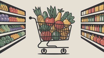 A shopping cart filled with fresh produce in a grocery store aisle with shelves of various items