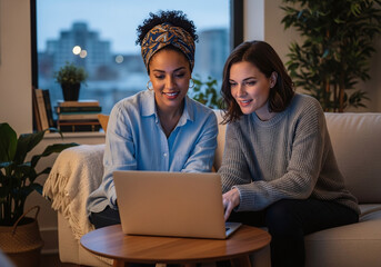 Two women looking at a laptop on a coffee table in a living room with a city view at dusk or evening