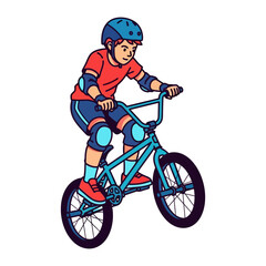 Obraz premium BMX Rider in Action: A young BMX rider, fully equipped with protective gear, executes a daring stunt on his bicycle, showcasing skill, courage, and the thrill of the ride. 