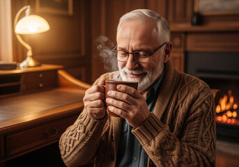 Elderly man enjoying a warm drink by the fireplace in a cozy room with a desk and lamp nearby
