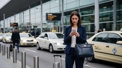 A businesswoman in a suit stands on a sidewalk outside an airport terminal, looking at her smartphone while taxis wait in the background. - Powered by Adobe