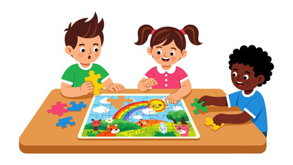 Teamwork Puzzle Joy: A vibrant illustration of children immersed in a jigsaw puzzle, radiating the charm of friendship and cooperation.