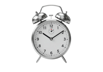 Isolated shiny metal alarm clock showing the time against a clean backdrop, simplicity