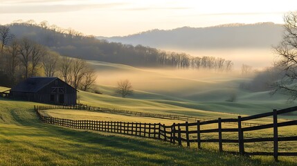 Golden sunrise illuminating rolling farmland with dewy grass and soft light
