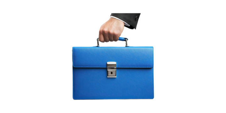 Businessman Holding Blue Briefcase. Professionalism And Corporate Identity Concept Isolated On Transparent Background