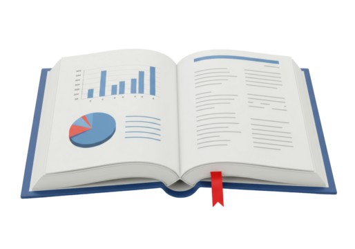 Isolated book with charts and data analysis, red bookmark, open to information pages - Powered by Adobe