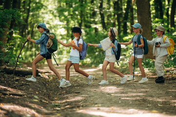 Fototapeta premium Side view, going together. Group of children in the forest on a hike