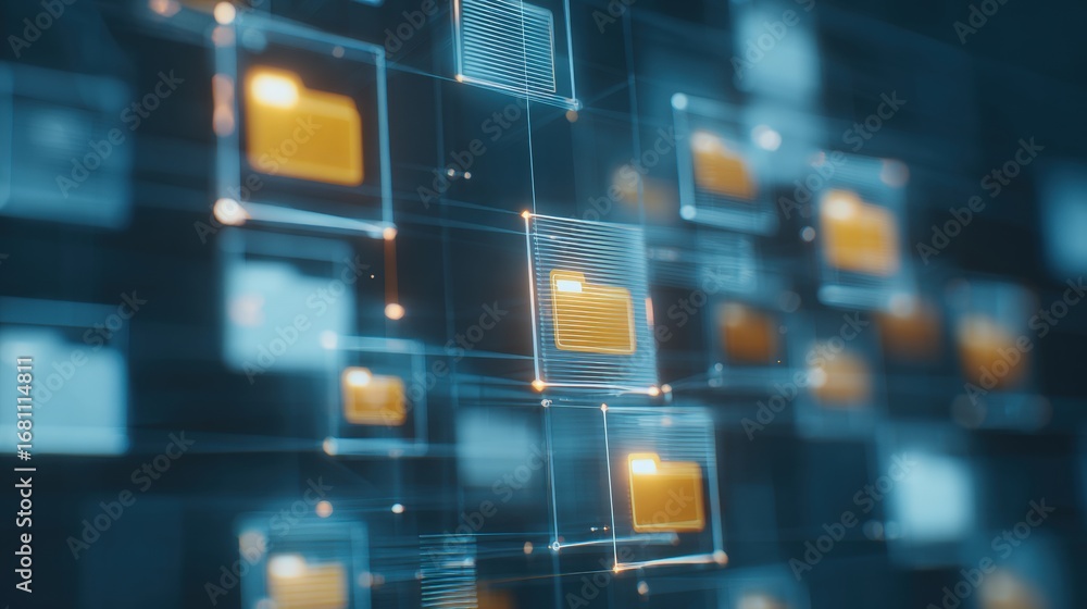 Poster abstract network grid with files and folders, futuristic software interface, digital document manage