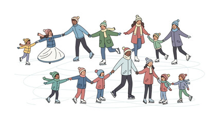 Fototapeta premium Joyful Ice Skating: A heartwarming depiction of friends and family enjoying the winter season together while ice skating. This illustration captures the pure joy and unity of winter fun.