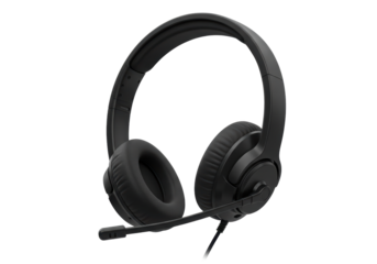 Isolated black headset with microphone for playing games and communicating online, studio shot