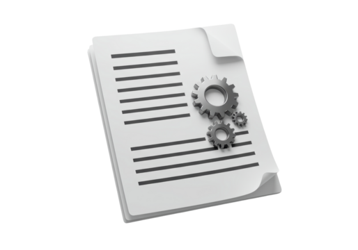 Isolated configuration document with gears symbolizes strategy, software or development