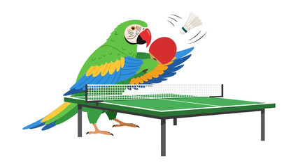 Playful Parrot Playing Ping Pong: A vibrant parrot with striking feathers engages in a spirited game of ping pong, hitting the shuttlecock with enthusiasm on a miniature table.