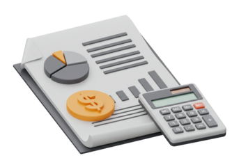 Isolated financial analysis paperwork with calculator and dollar coin for business accounting