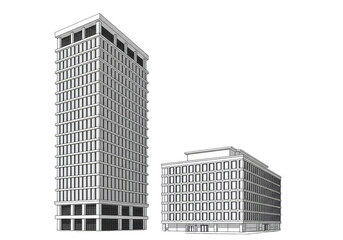 Isolated view of architectural concept buildings, tall skyscraper and smaller commercial building