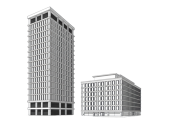 Isolated view of architectural concept buildings, tall skyscraper and smaller commercial building