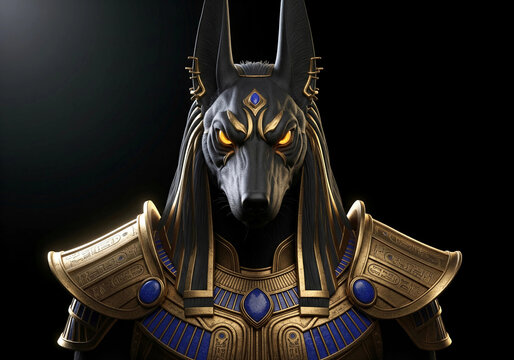 3D render of Anubis, the ancient Egyptian god of the dead, depicted as a jackal-headed warrior in gold armor with glowing eyes. Dark, mysterious mythological character for fantasy and history 