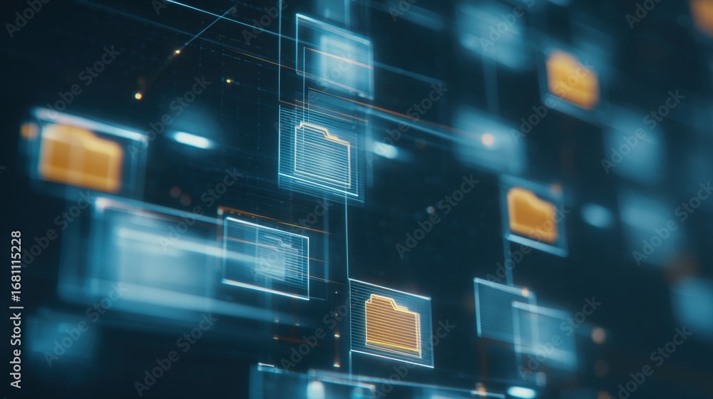 Poster abstract network grid with files and folders, futuristic software interface, digital document manage