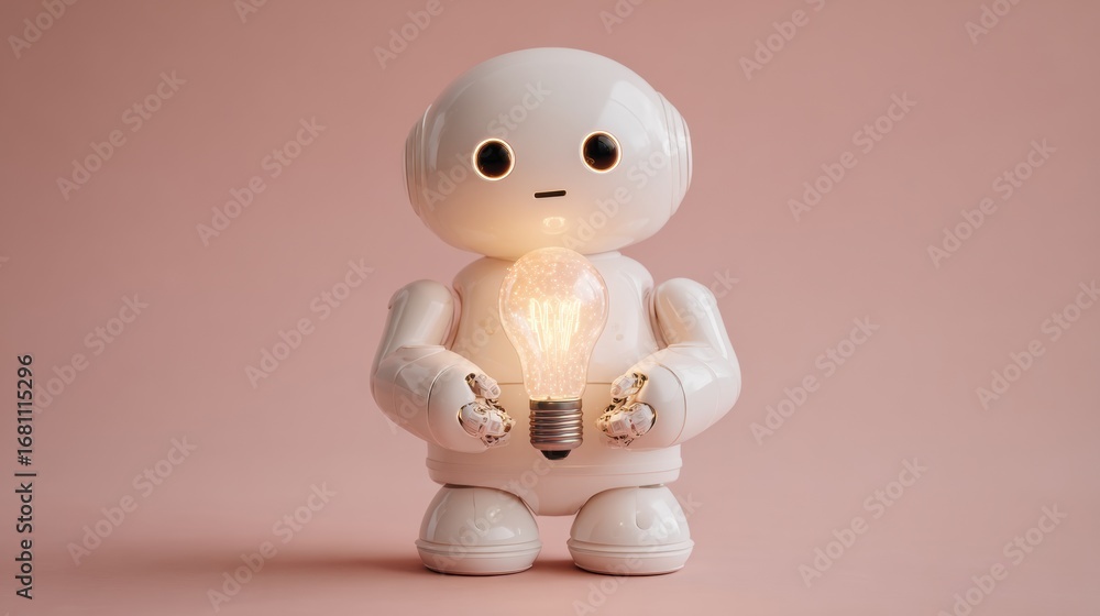 Poster cute robot holding a glowing light bulb in a soft pink background setting during a creative showcase