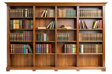 Antique wooden bookshelf filled with numerous books isolated for digital use and design projects transparent background