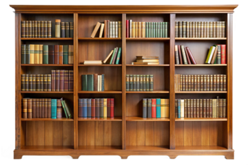 Antique wooden bookshelf filled with numerous books isolated for digital use and design projects transparent background