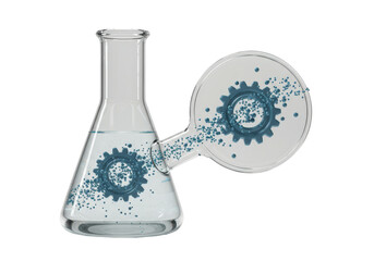 Isolated liquid experiment, engineering chemistry with flasks, beaker, gear, bubbles, concept