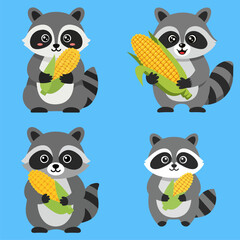 A delightful collection of four cute cartoon raccoons, each happily holding a fresh cob of corn. Adorable animal characters isolated on a simple blue background