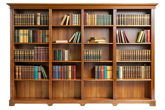 Antique wooden bookshelf filled with numerous books isolated for digital use and design projects transparent background