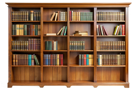 Antique wooden bookshelf filled with numerous books isolated for digital use and design projects transparent background - Powered by Adobe