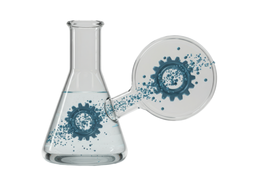 Isolated liquid experiment, engineering chemistry with flasks, beaker, gear, bubbles, concept