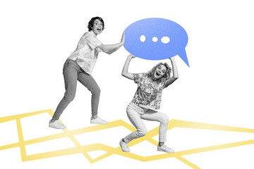 Creative full art image collage of happy girls stand bubble communication speech dialogue phrase...
