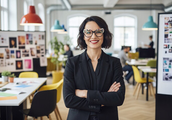 Fototapeta premium Portrait of a smiling woman with glasses and a blazer in a modern office setting with coworkers