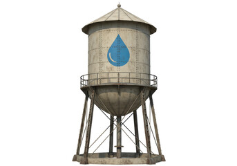 Isolated water tower, a vintage structure with a tank, a blue water drop logo, rural engineering