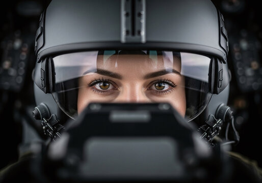 A woman in a flight helmet with a visor looking forward in a cockpit environment with dark background