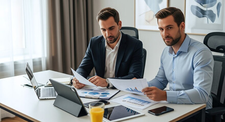 Two businessmen analyzing charts and graphs at a desk with laptop and tablet in an office setting