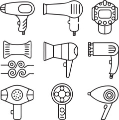 Isolated hair dryer icons, blow dryer vector, salon dryer outline, travel dryer icons, wall mounted dryer, styling tool vector, nozzle icons, diffuser design, editable hair dryer set