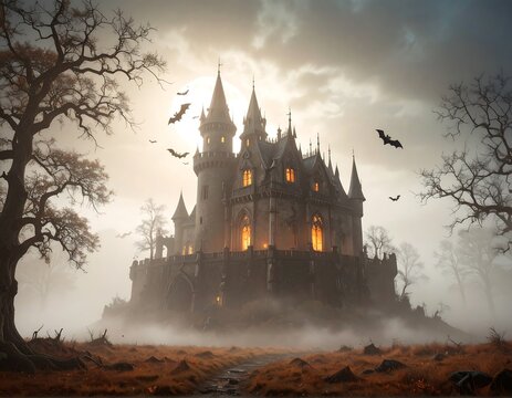 Spooky gothic castle with bats flying under a hazy full moon at dusk haunted