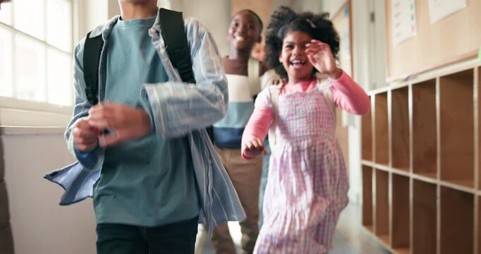 Education, students and running in hallway, kids and excited for end of day, smile and youth. Academic growth, energy and children with break, scholarship and recess with child development or support