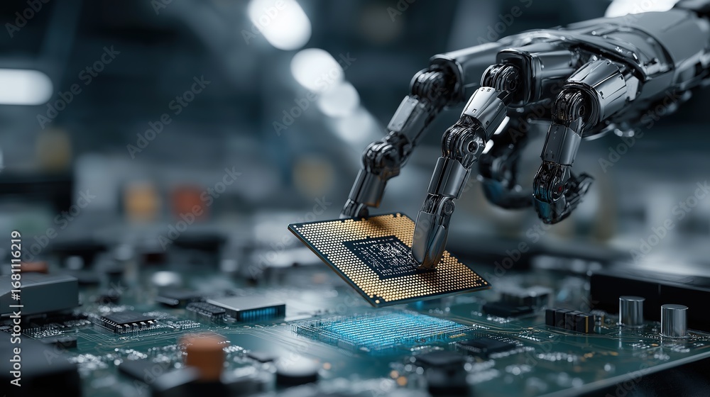 Poster artificial intelligence robot hand handling microchip in automated facility with circuit textures, f